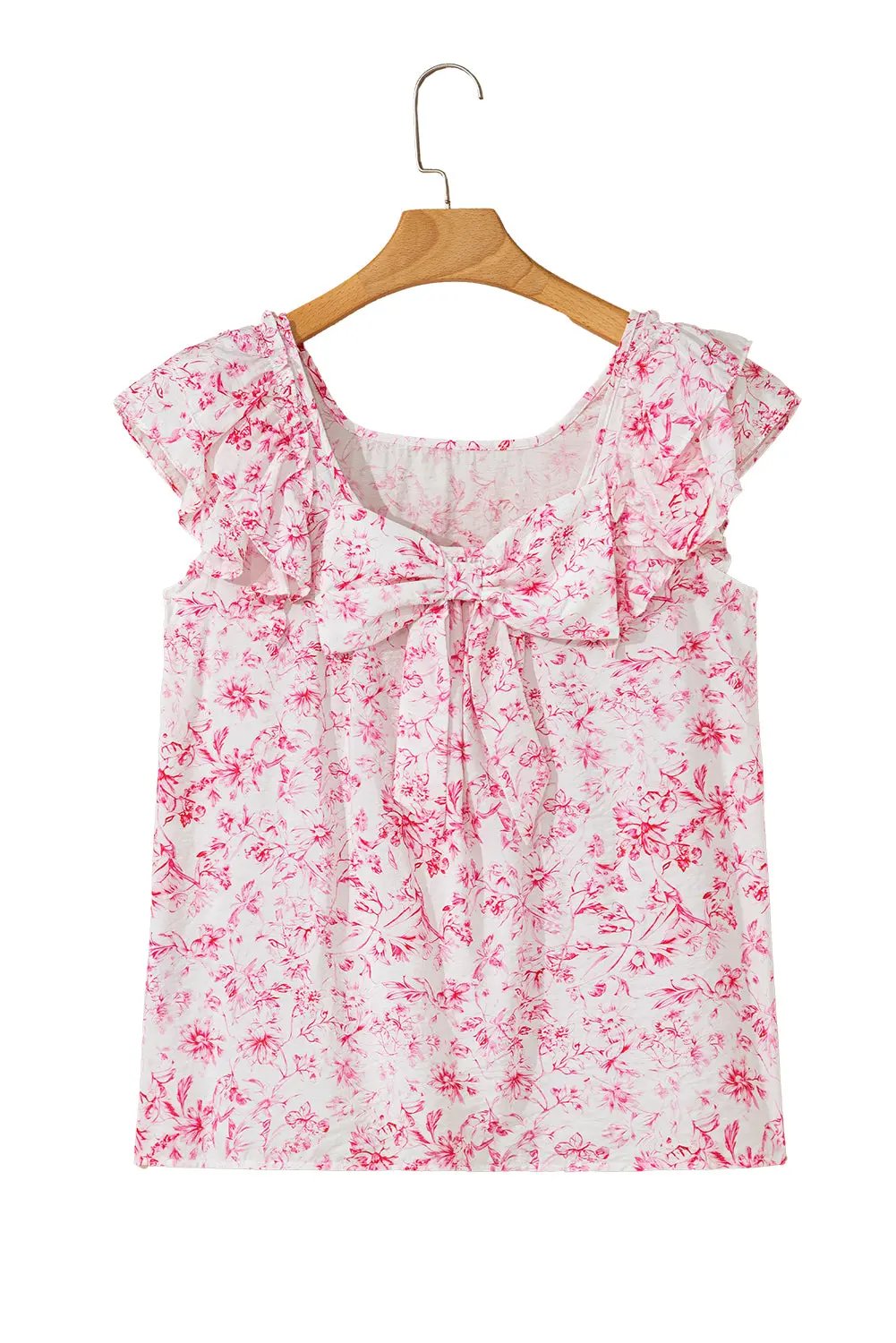 Pink Floral Ruffled Short Sleeve Bow Back Square Neck Blouse Love Salve